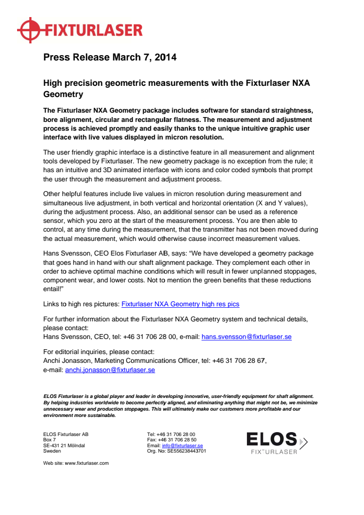 High precision geometric measurements with the Fixturlaser NXA Geometry