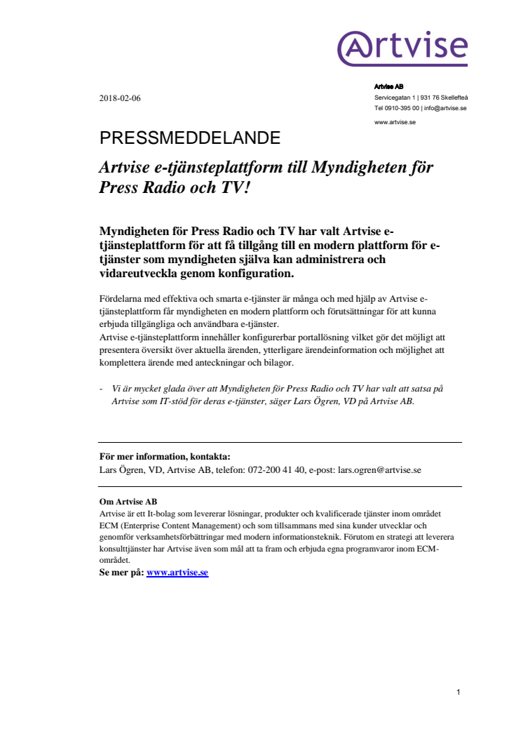 Artvise e-tjänsteplattform till Myndigheten för Press Radio och TV!