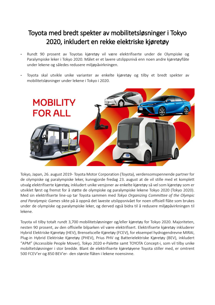Toyota med bredt spekter av mobilitetsløsninger i Tokyo 2020 inkludert en rekke elektriske kjøretøy