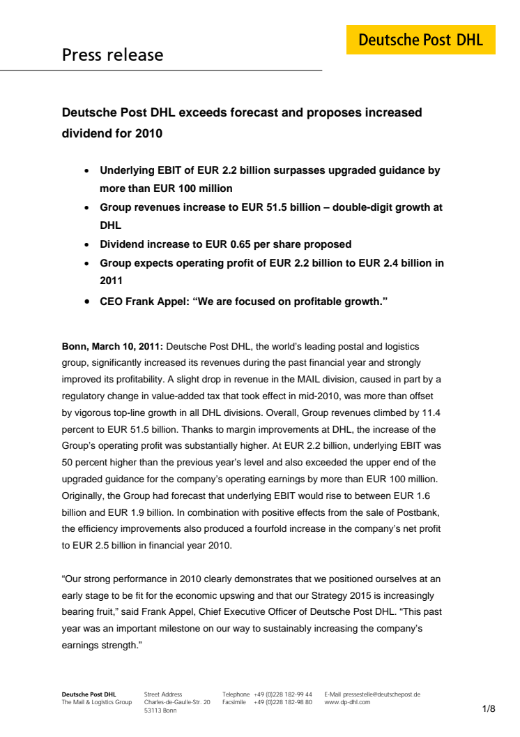 Deutsche Post DHL överträffar prognos och föreslår ökad utdelning för 2010