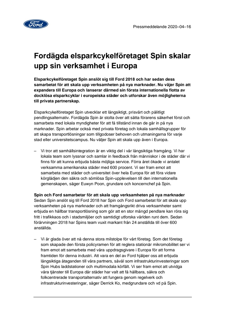 Fordägda elsparkcykelföretaget Spin skalar upp sin verksamhet i Europa 