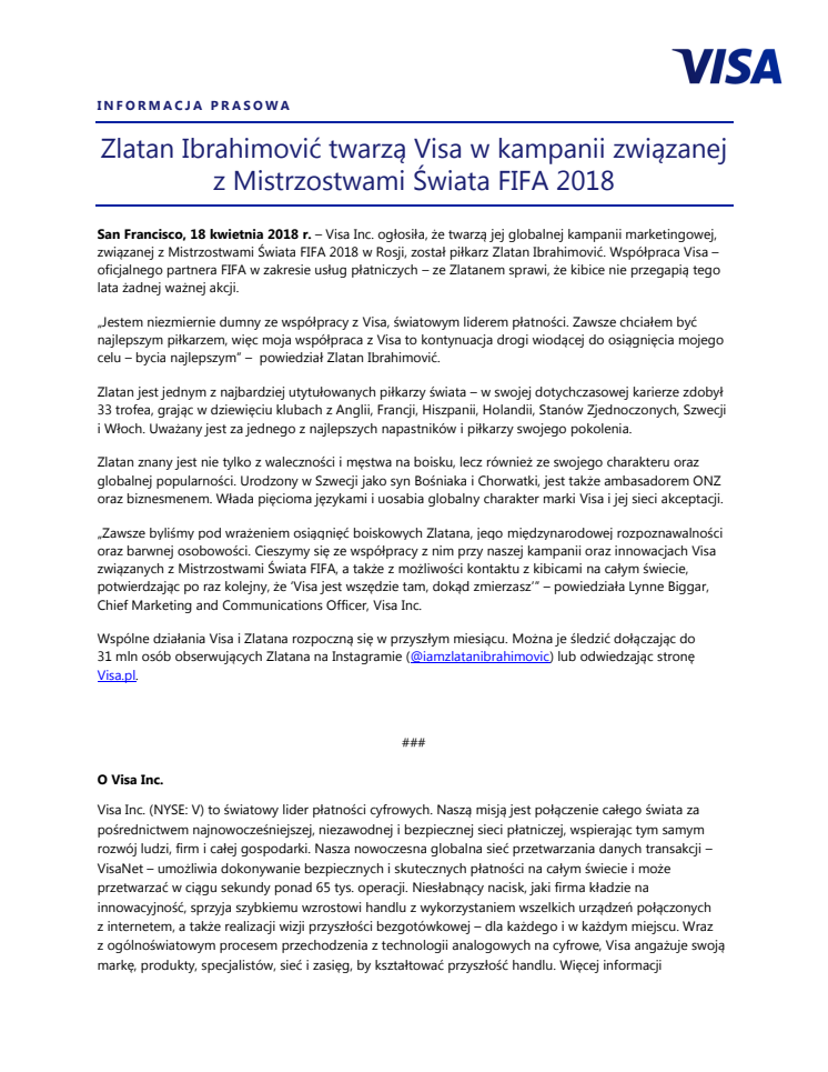 Zlatan Ibrahimović twarzą Visa w kampanii związanej z Mistrzostwami Świata FIFA 2018