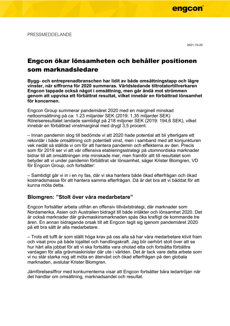 211020_Press_Engcon ökar lönsamheten och behåller positionen som marknadsledare