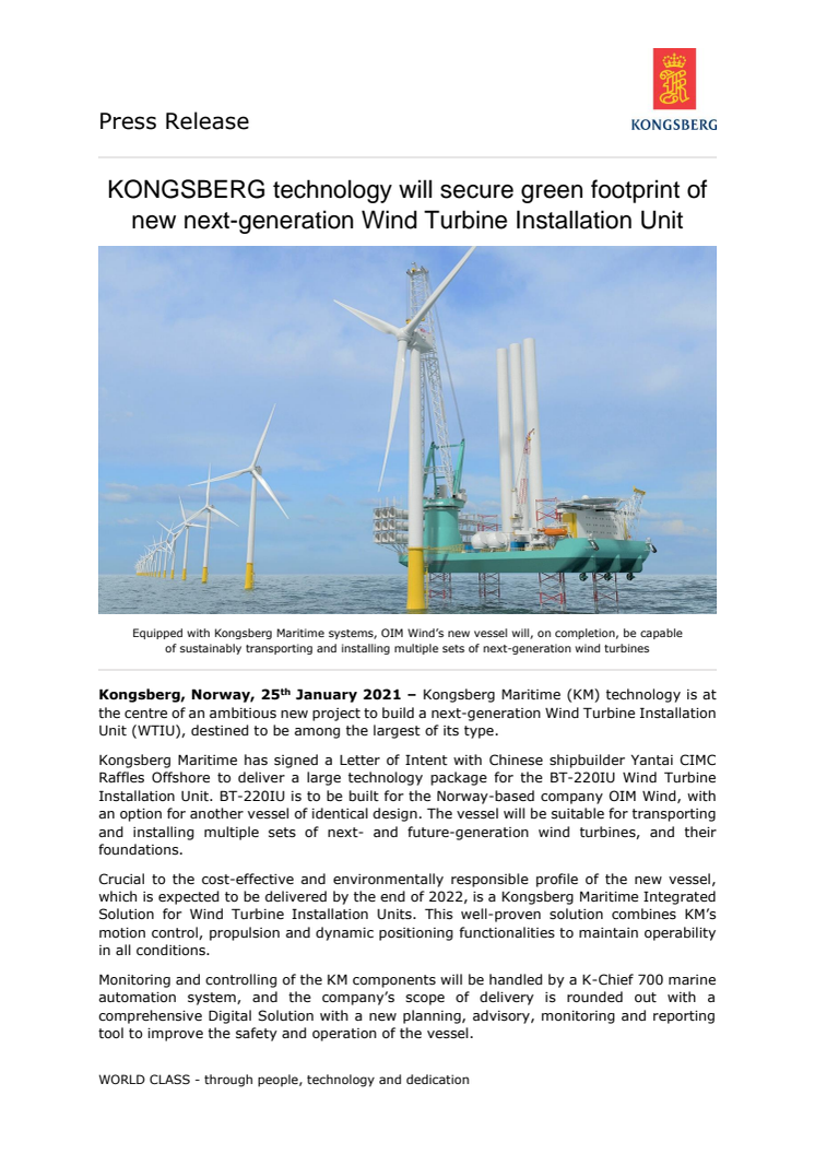 KONGSBERG technology will secure green footprint of new next-generation Wind Turbine Installation Unit 