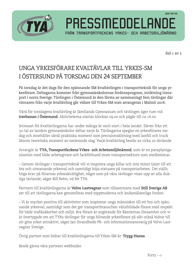 Unga yrkesförare kvaltävlar till Yrkes-SM i Östersund på torsdag den 24 september