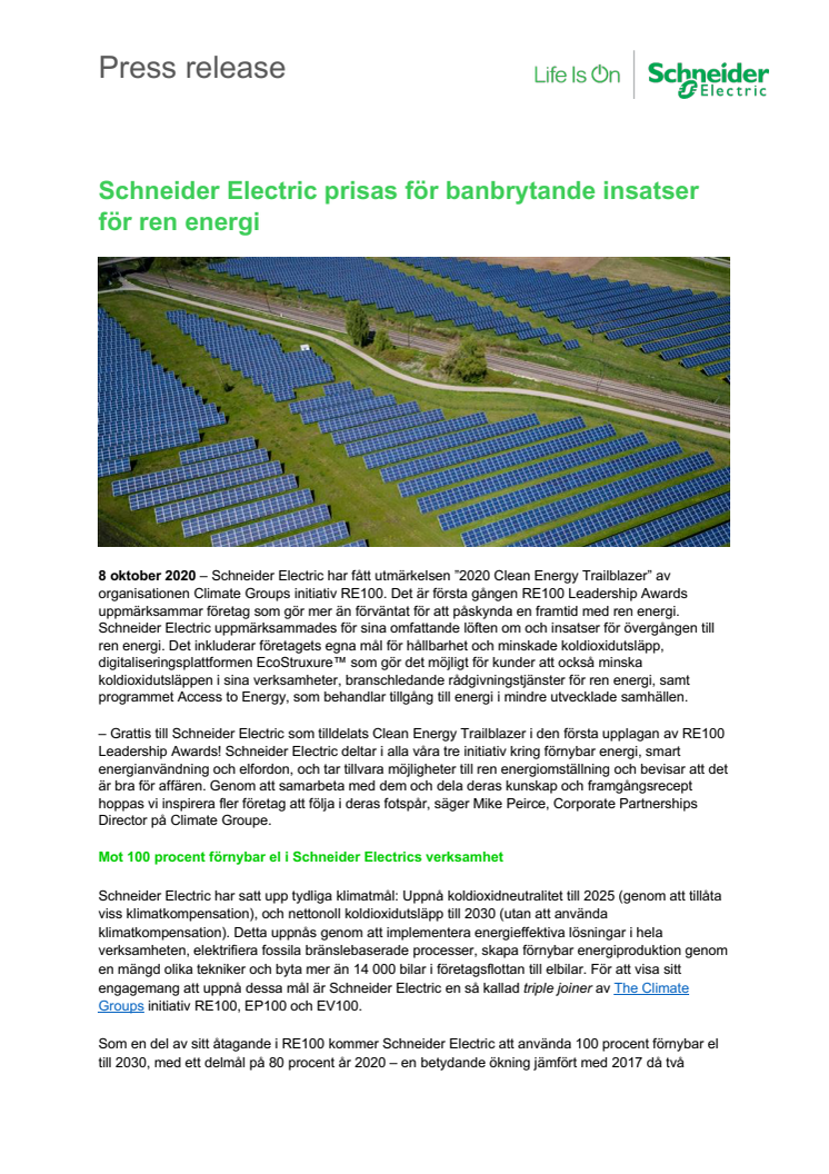 Schneider Electric prisas för banbrytande insatser för ren energi