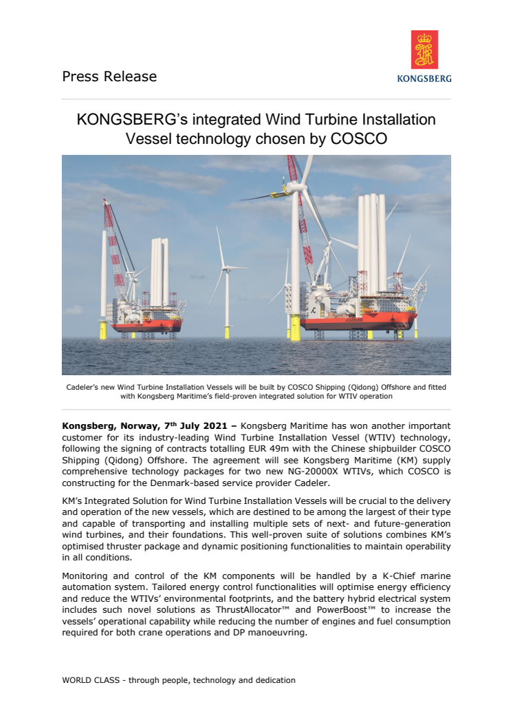 KONGSBERG’s integrated Wind Turbine Installation Vessel technology chosen by COSCO