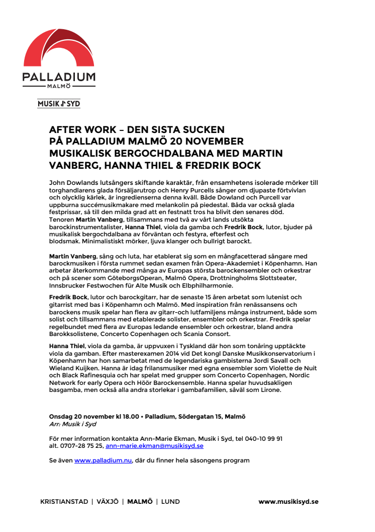 After Work – Den sista sucken på Palladium Malmö 20 november – musikalisk bergochdalbana med Martin Vanberg, Hanna Thiel & Fredrik Bock 