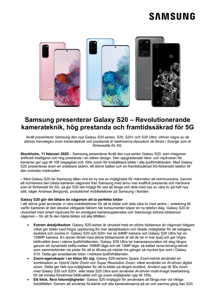 Samsung presenterar Galaxy S20 – Revolutionerande kamerateknik, hög prestanda och framtidssäkrad för 5G