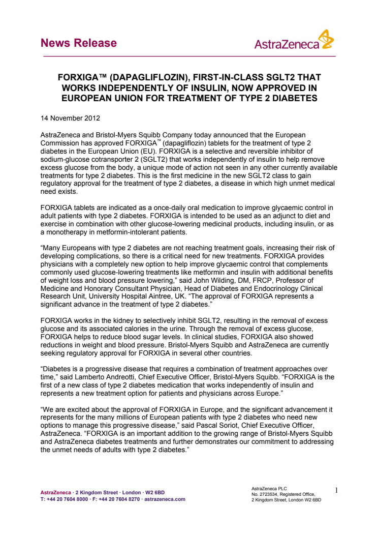 Forxiga™ (dapagliflozin) godkänt inom EU för behandling av typ-2-diabetes