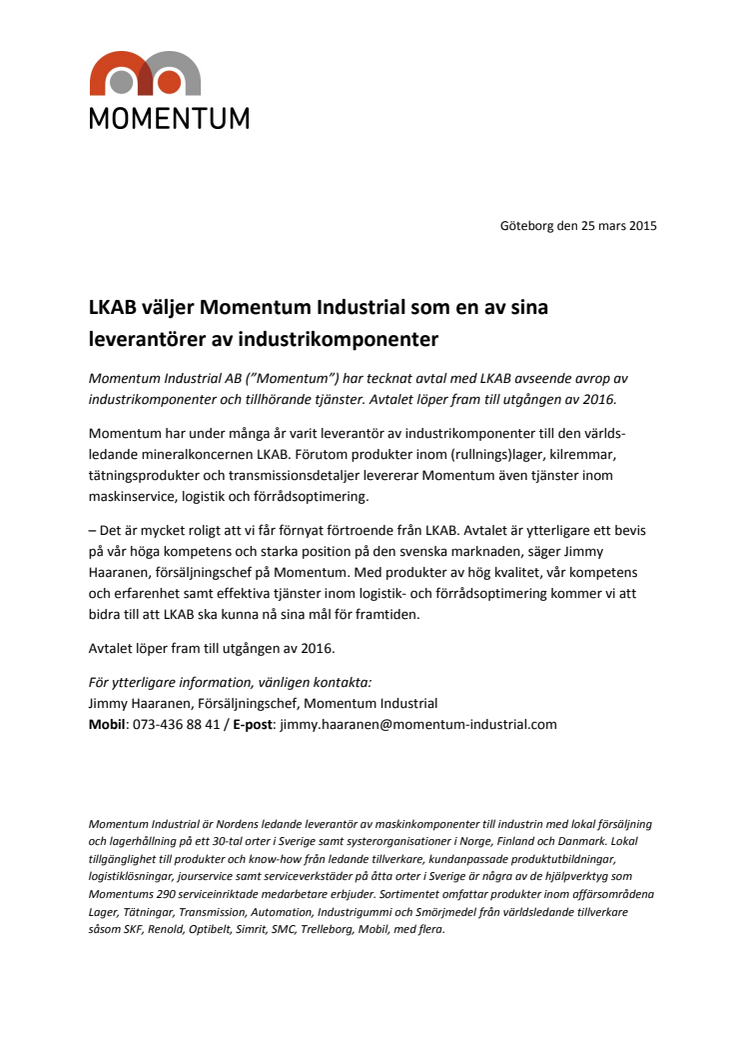 ​LKAB väljer Momentum Industrial som en av sina leverantörer av industrikomponenter