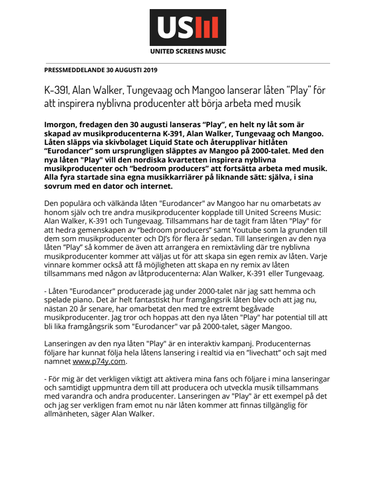 K-391, Alan Walker, Tungevaag och Mangoo lanserar låten “Play” för att inspirera nyblivna producenter att börja arbeta med musik