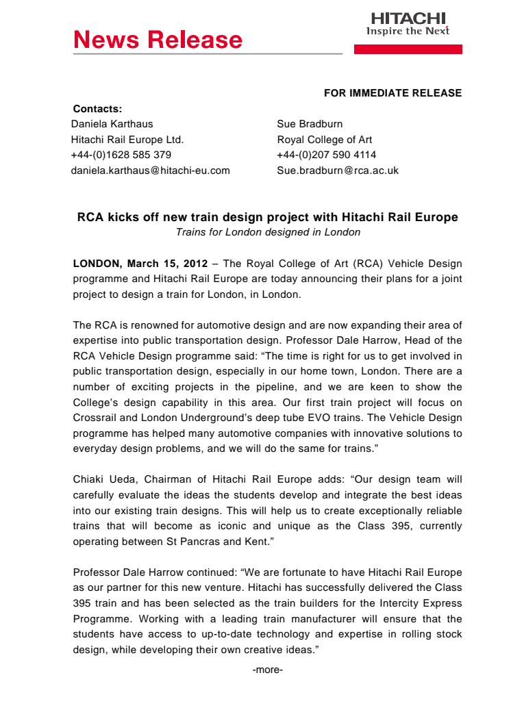 RCA kicks off new train design project with Hitachi Rail Europe