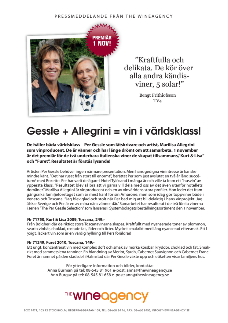 Per Gessle + Allegrini = Vin i världsklass!