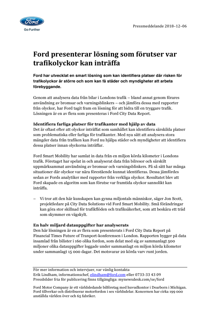 Ford presenterar lösning som förutser var trafikolyckor kan inträffa