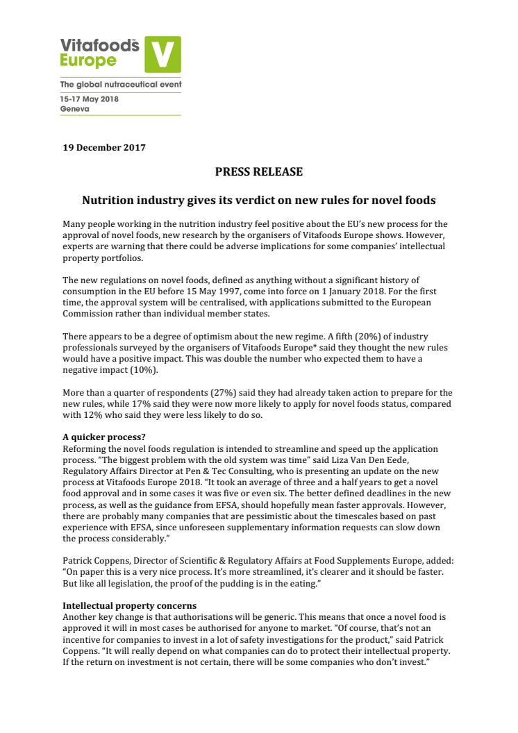 PRESS RELEASE  Nutrition industry gives its verdict on new rules for novel foods