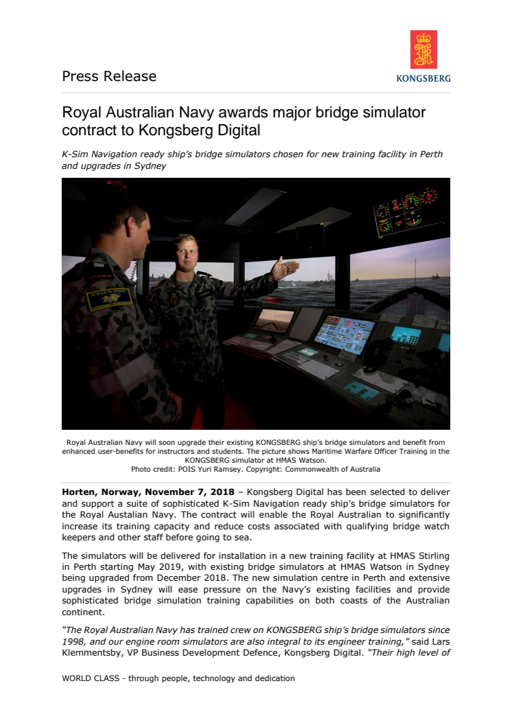Royal Australian Navy awards major bridge simulator contract to Kongsberg Digital