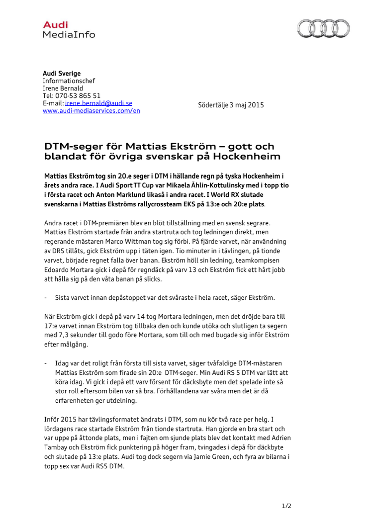 DTM-seger för Mattias Ekström – gott och blandat för övriga svenskar på Hockenheim