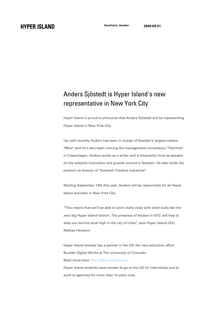 Anders Sjöstedt is Hyper Island's new representative in New York City