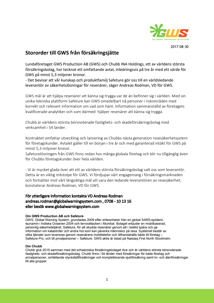 Stororder till GWS från försäkringsjätte  