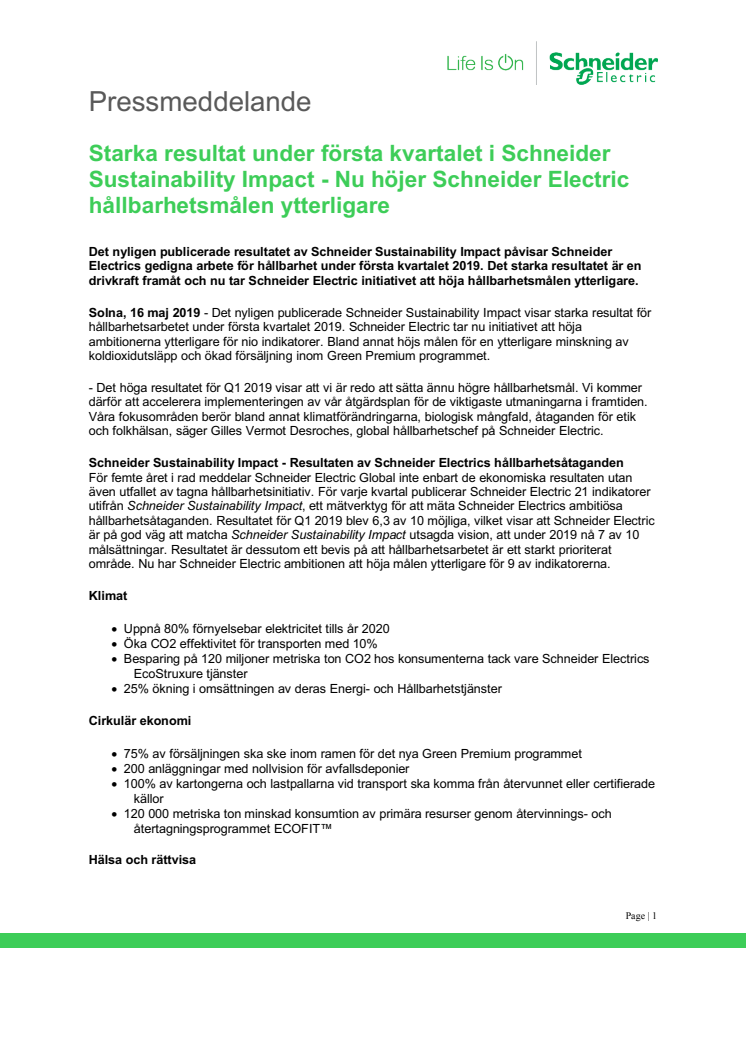 Starka resultat under första kvartalet i Schneider Sustainability Impact - Nu höjer Schneider Electric hållbarhetsmålen ytterligare