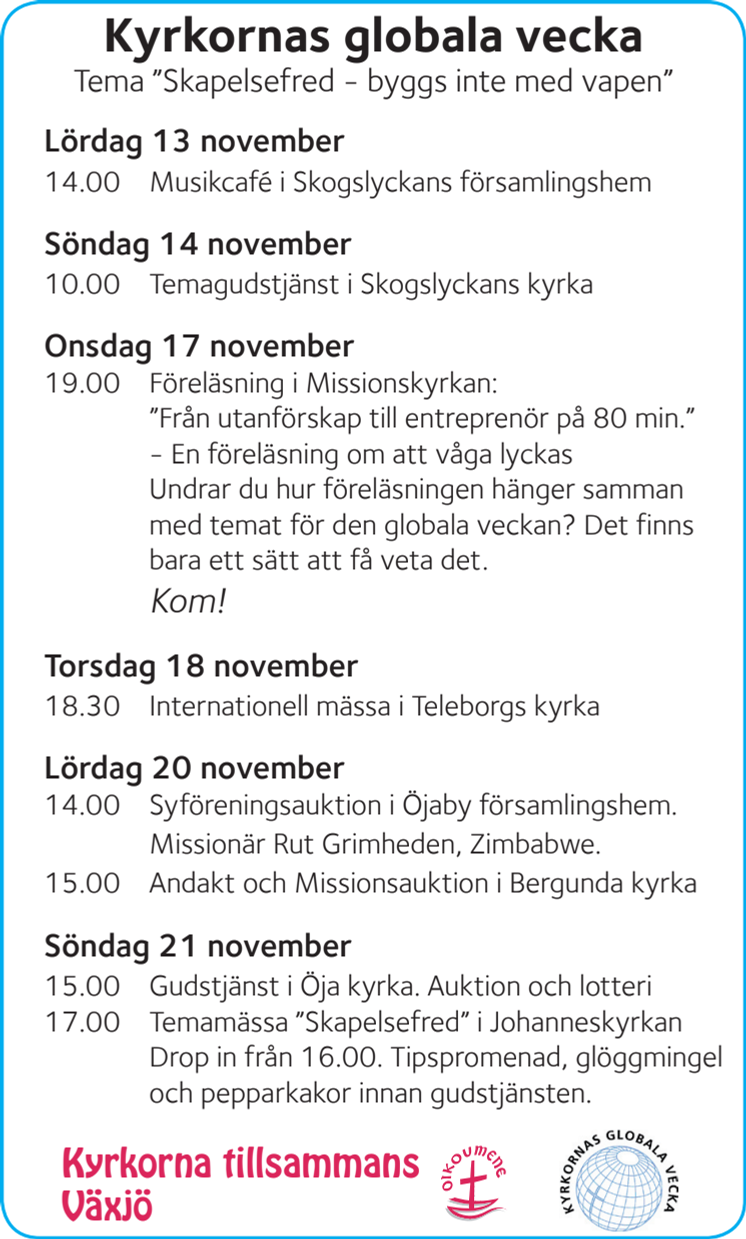 Program Kyrkornas globala vecka Växjö