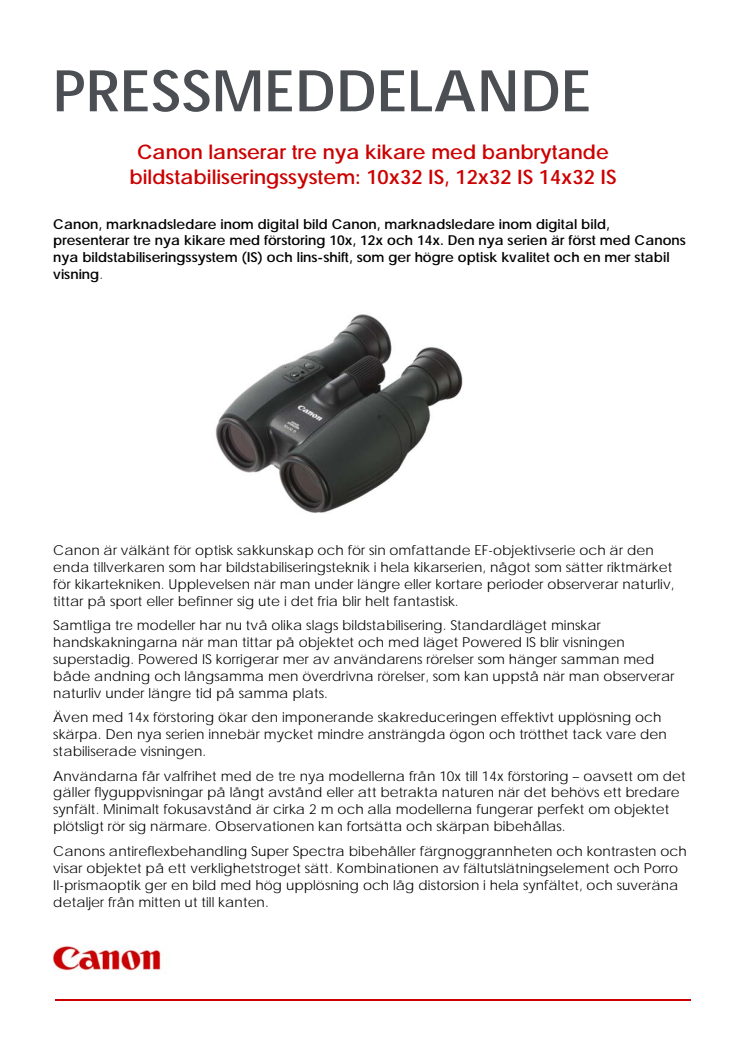 Canon lanserar tre nya kikare med banbrytande bildstabiliseringssystem: 10x32 IS, 12x32 IS 14x32 IS