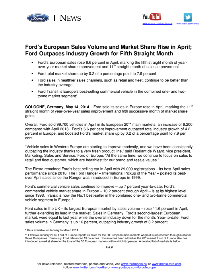 FORD’S EUROPEAN SALES VOLUME AND MARKET SHARE RISE IN APRIL