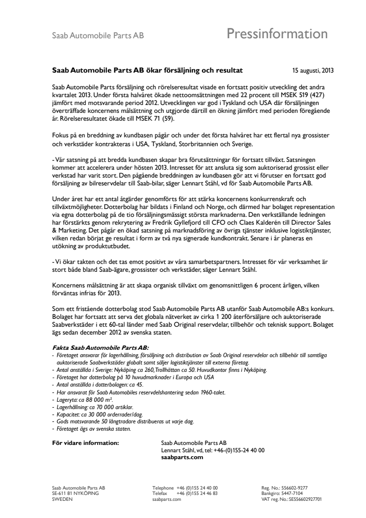 Saab Automobile Parts AB ökar försäljning och resultat
