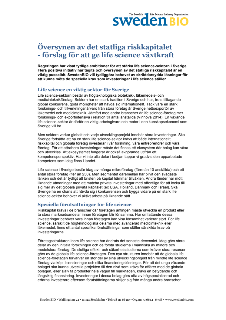 SwedenBIOs förslag för att ge life science växtkraft via det statliga riskkapitalet
