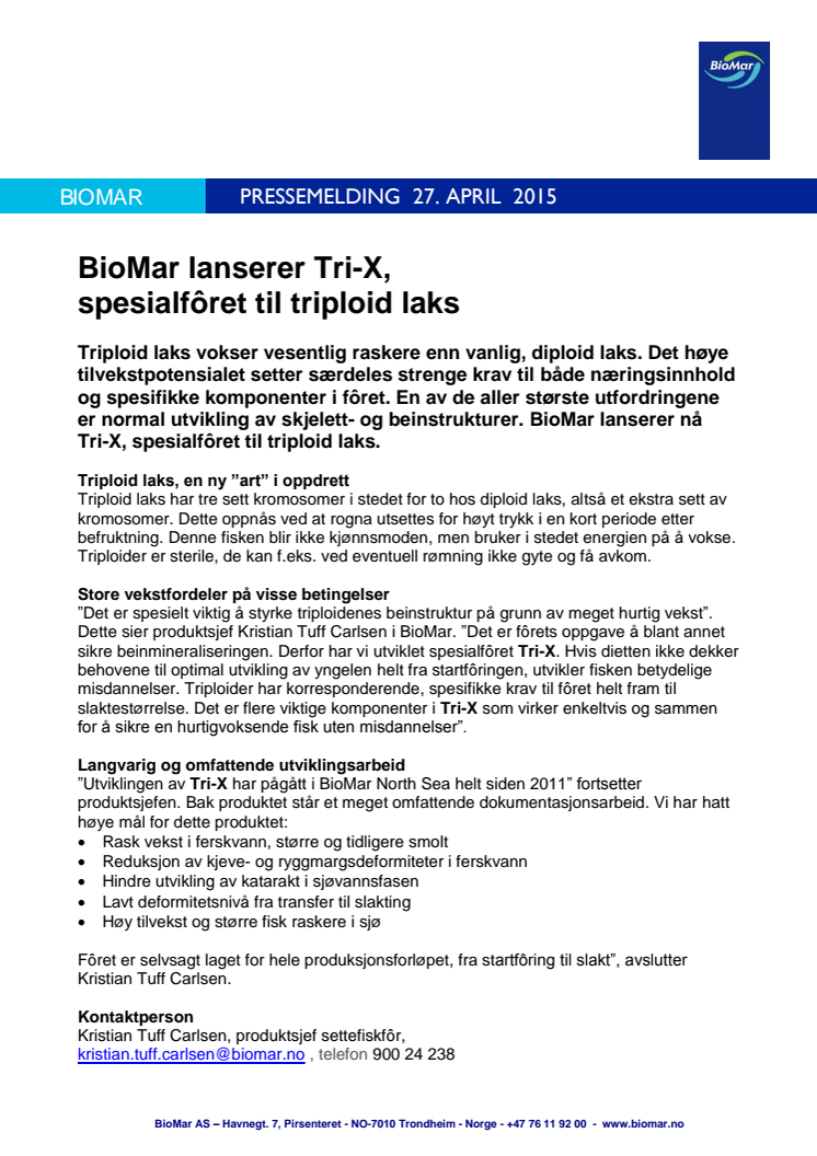BioMar lanserer Tri-X, spesialfôret til triploid laks