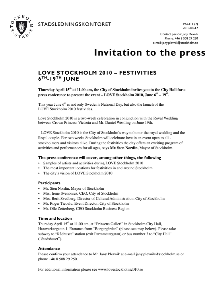 Press invitation: LOVE Stockholm 2010 - festivities 6th-19th june
