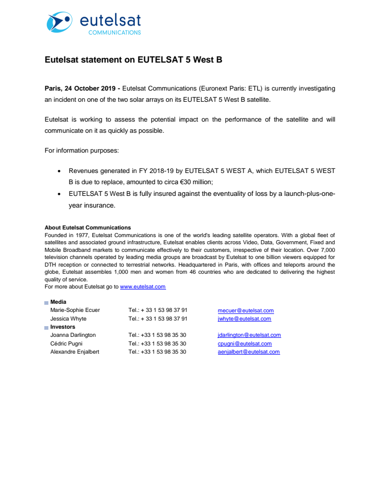 Eutelsat statement on EUTELSAT 5 West B  