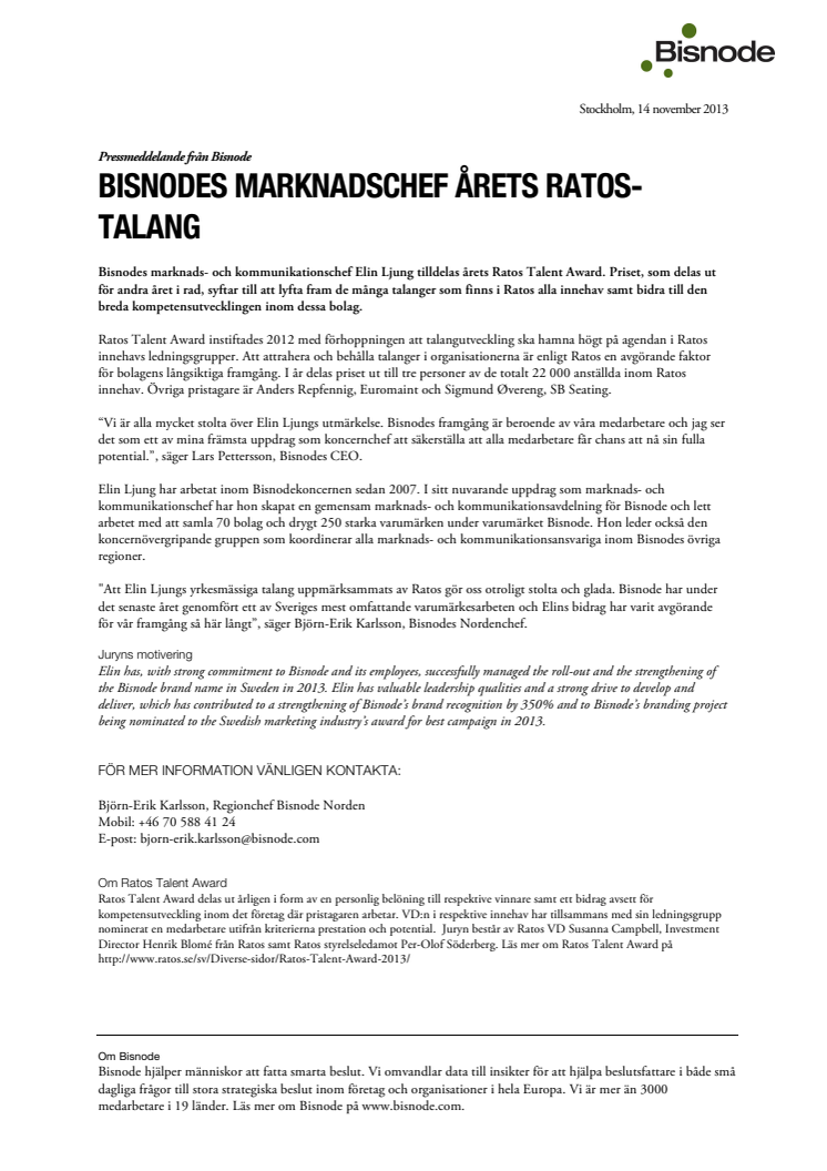 BISNODES MARKNADSCHEF ÅRETS RATOS-TALANG