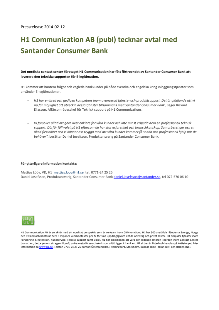 H1 Communication AB (publ) tecknar avtal med Santander Consumer Bank