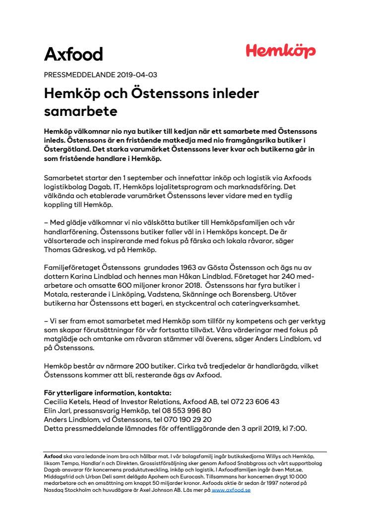 Hemköp och Östenssons inleder samarbete