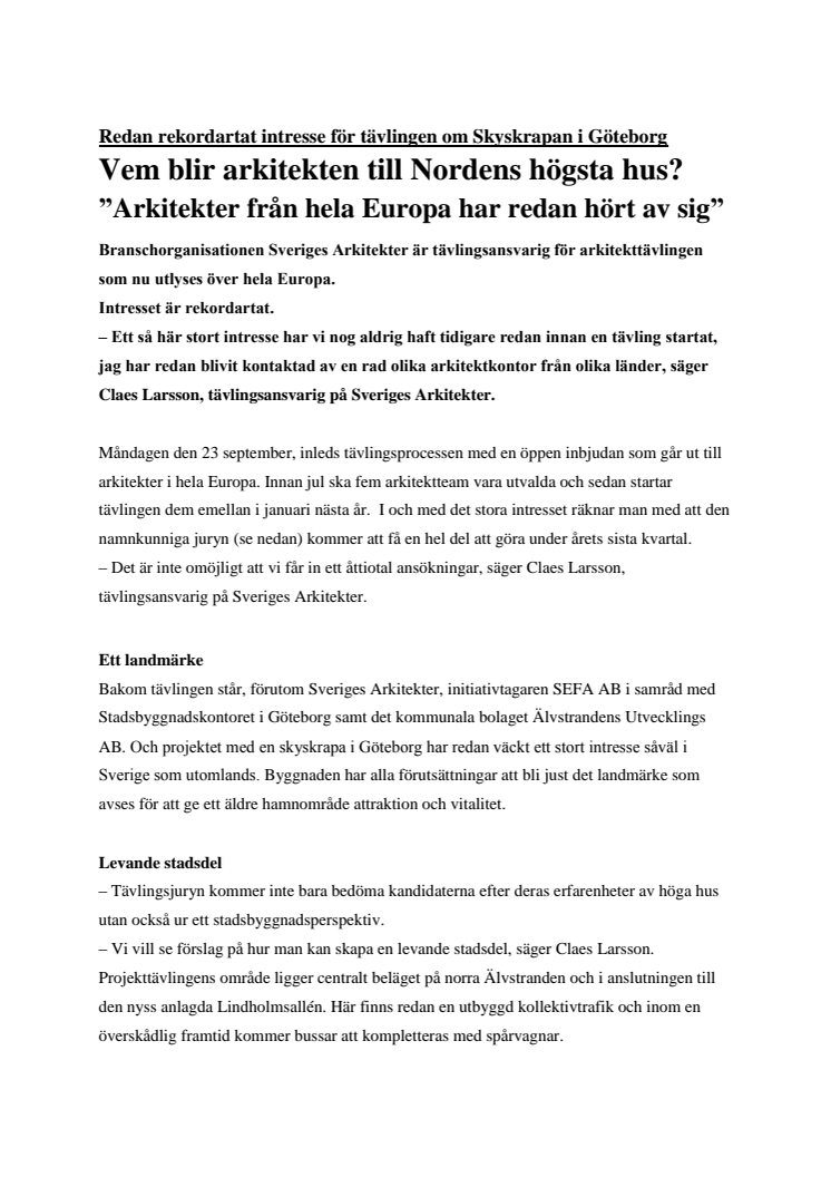 Redan rekordartat intresse för tävlingen om Skyskrapan i Göteborg