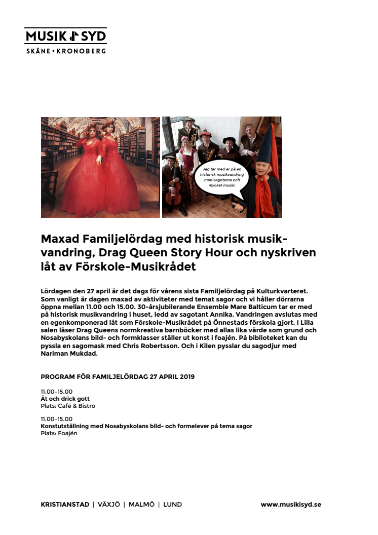 Maxad Familjelördag med historisk musikvandring, Drag Queen Story Hour och nyskriven låt av Förskole-Musikrådet