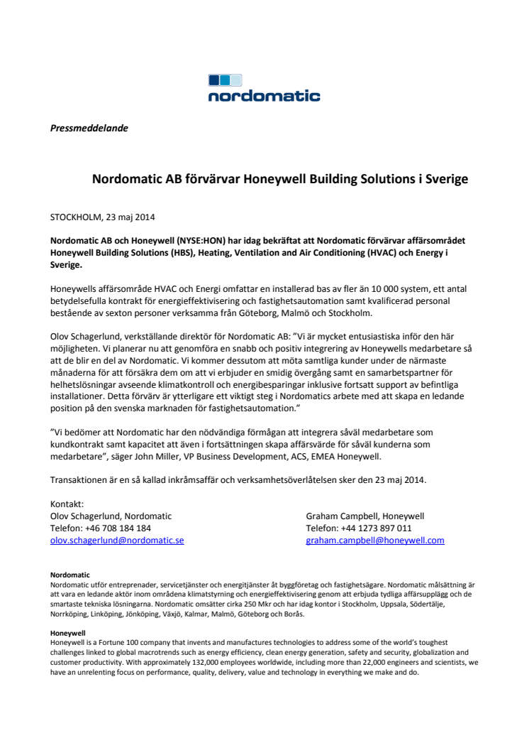 Nordomatic AB förvärvar Honeywell Building Solutions i Sverige