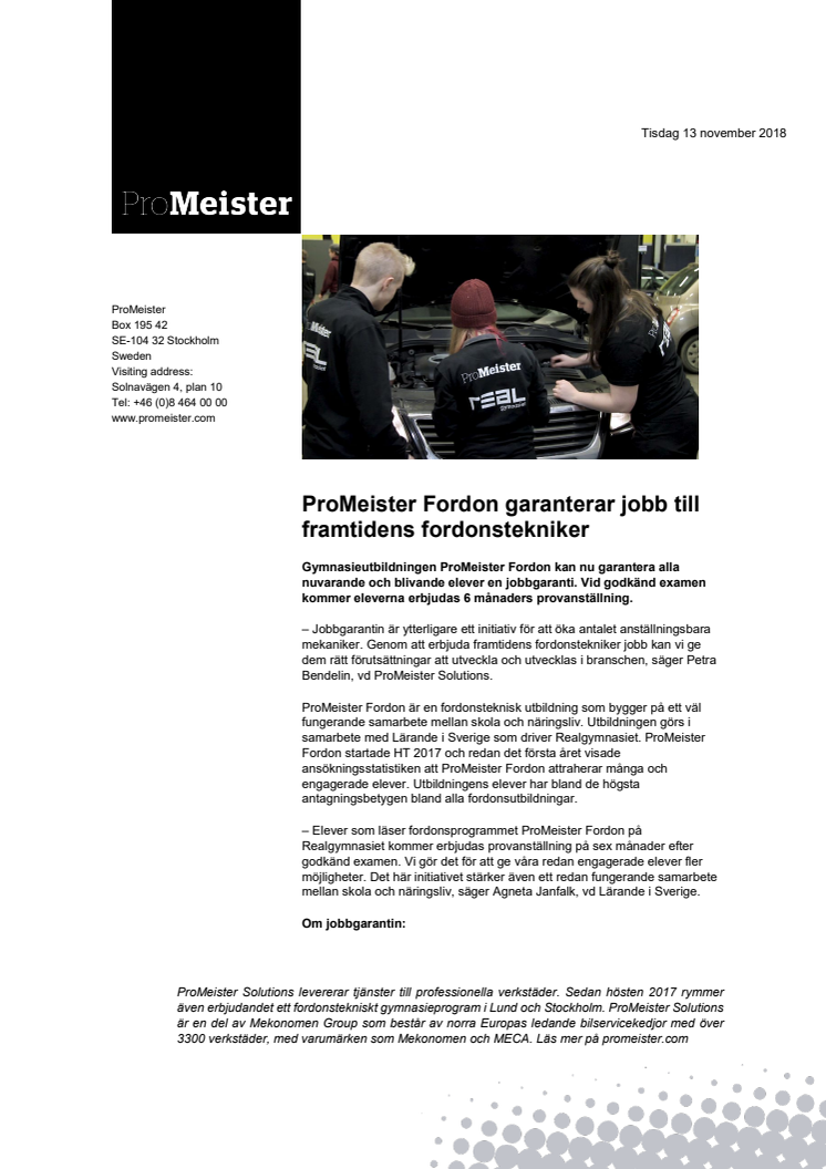 ProMeister Fordon garanterar jobb till framtidens fordonstekniker