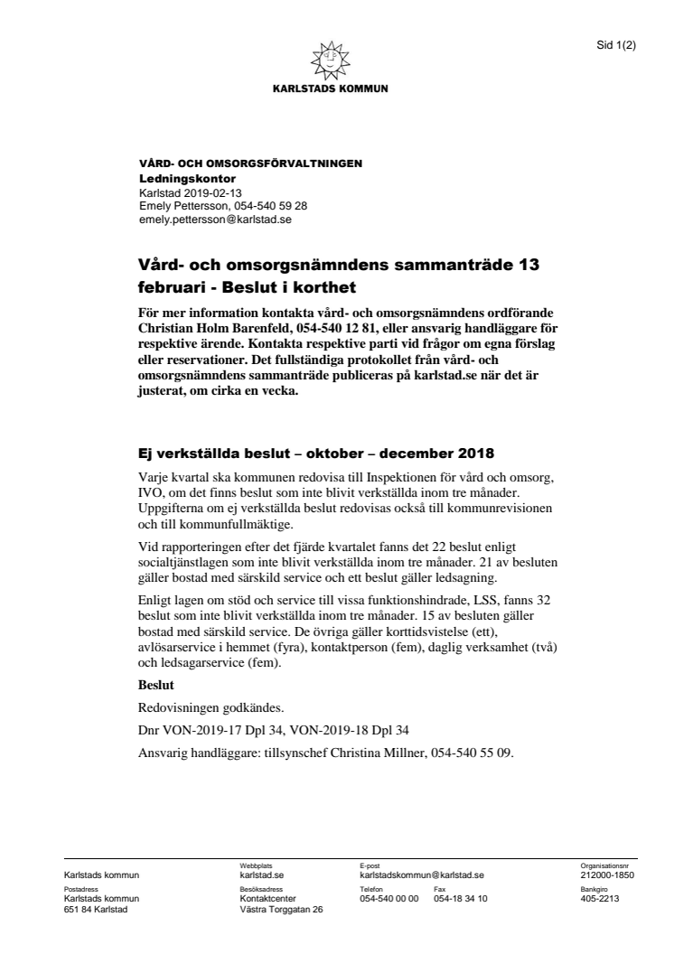 Vård- och omsorgsnämndens beslut i korthet 13 februari