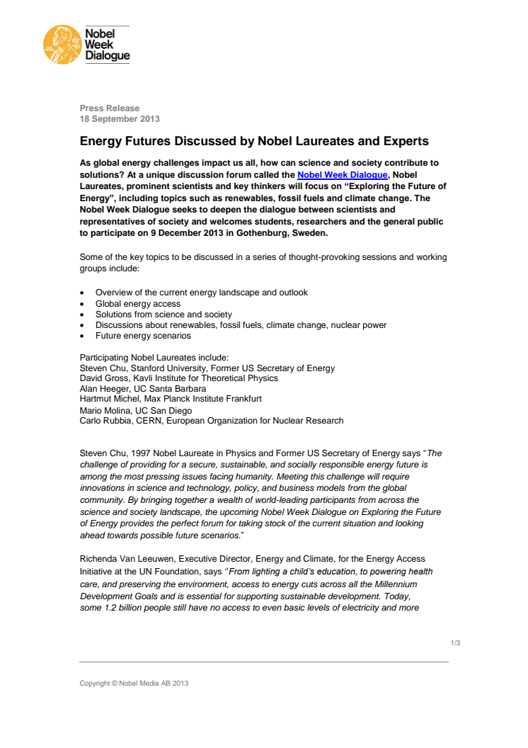 Energy Futures Discussed by Nobel Laureates and Experts