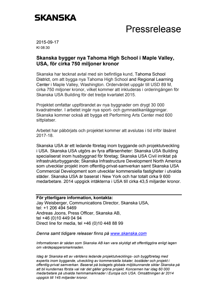Skanska bygger nya Tahoma High School i Maple Valley, USA, för cirka 750 miljoner kronor