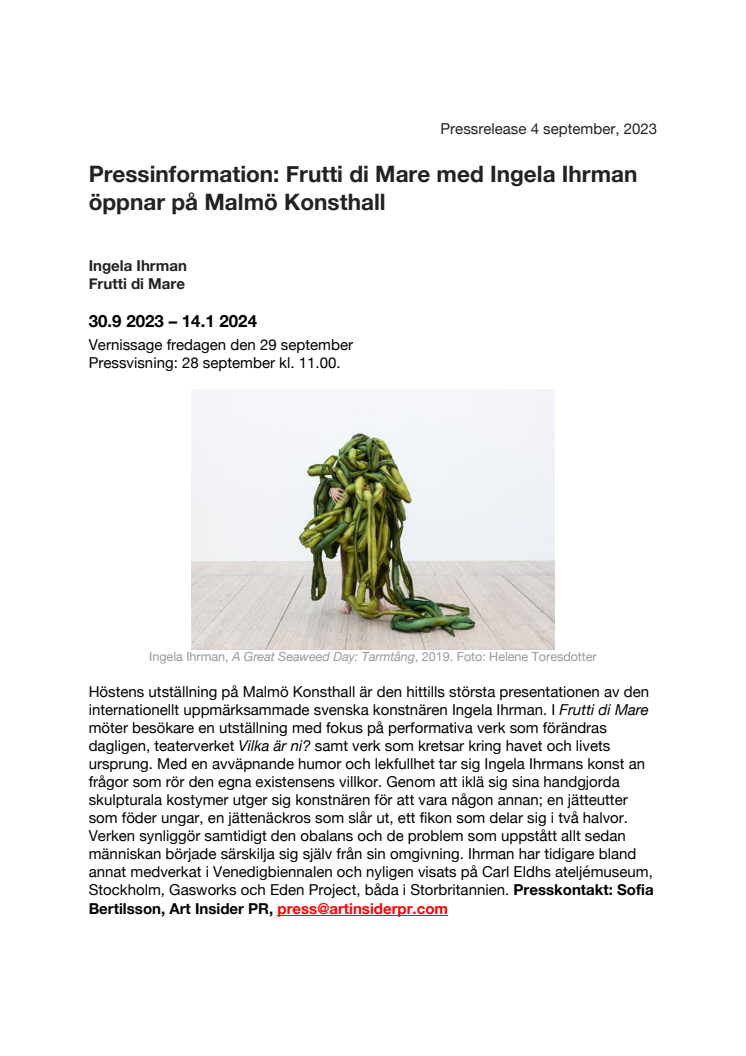 Pressinformation: Ingela Ihrman, Frutti di Mare, öppnar på Malmö Konsthall 