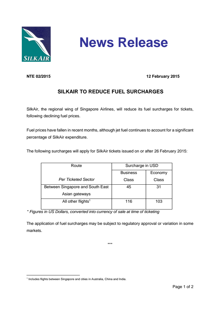 SilkAir to Reduce Fuel Surcharges 