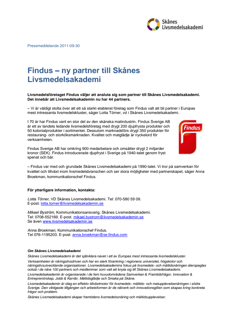 Findus – ny partner till Skånes Livsmedelsakademi