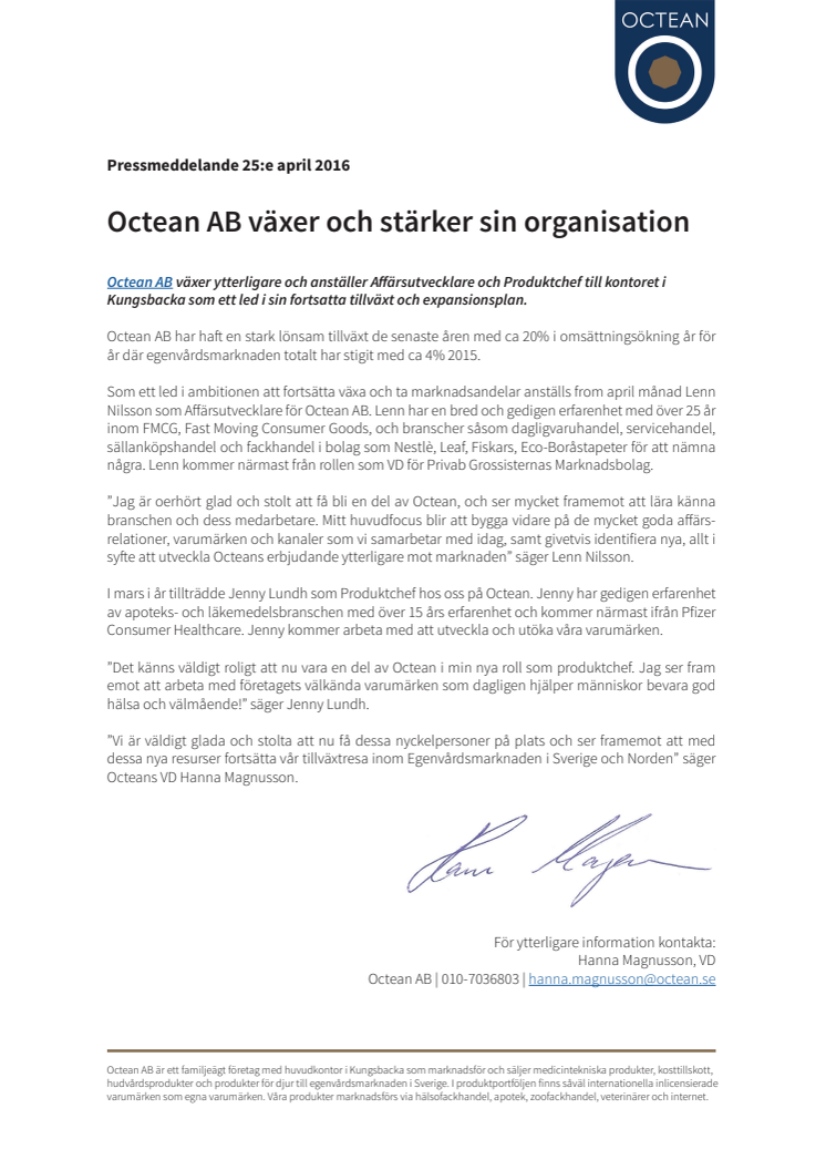 Octean AB växer och stärker sin organisation