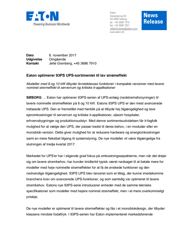 Eaton optimerer 93PS UPS-sortimentet til lav strømeffekt