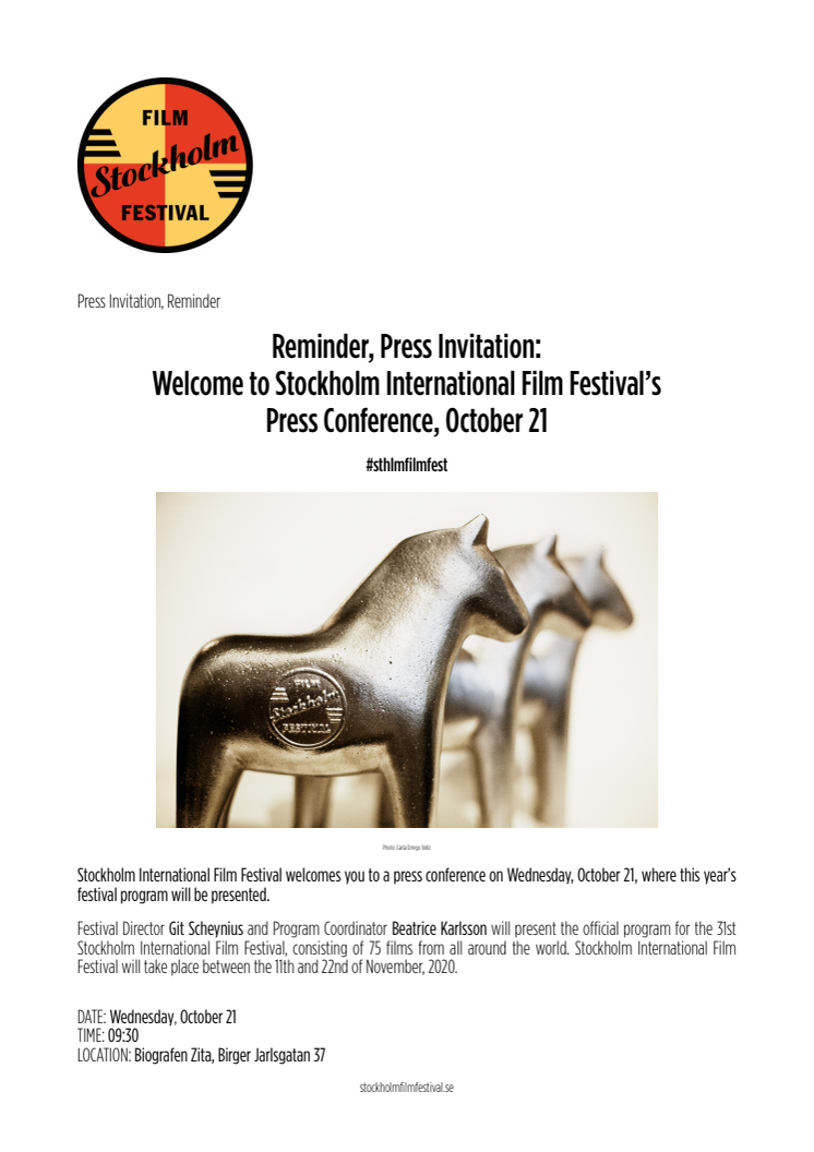 Reminder, Press Invitation: Welcome to Stockholm International Film Festival’s Press Conference, October 21