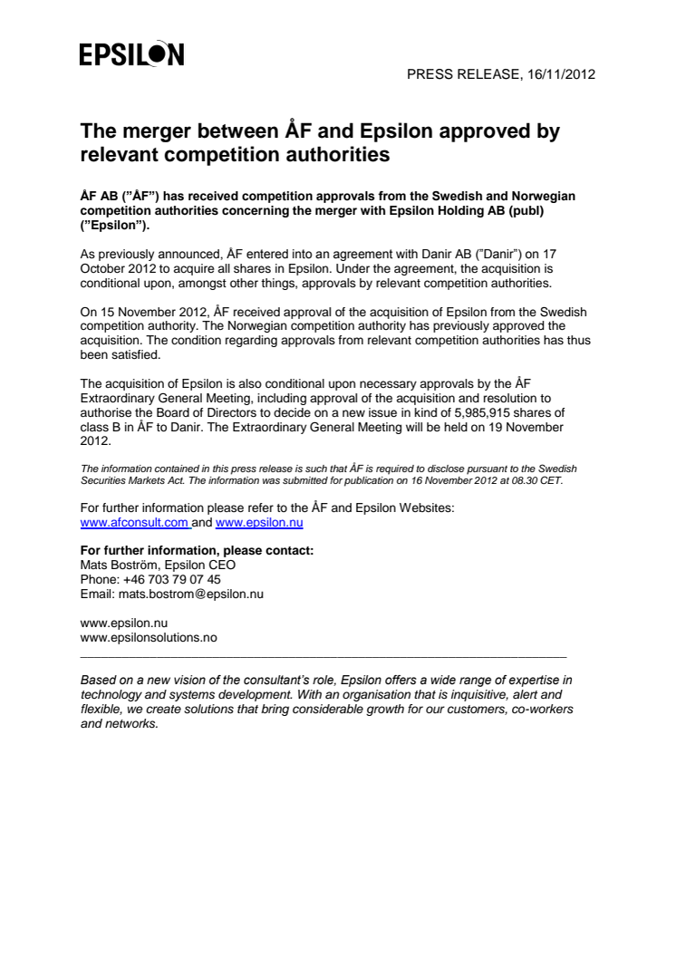 The merger between ÅF and Epsilon approved by relevant competition authorities